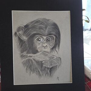 Charming Original Baby Monkey Sketch In Black Mat 11 X14 Ready To Frame